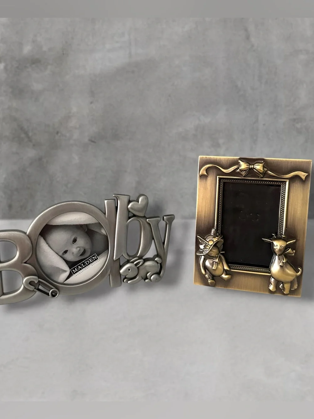 2 MINI VINTAGE BRASS PEWTER Picture Frame 2.5- 2x3  Bunny Giraffe Bow BUNNY B6